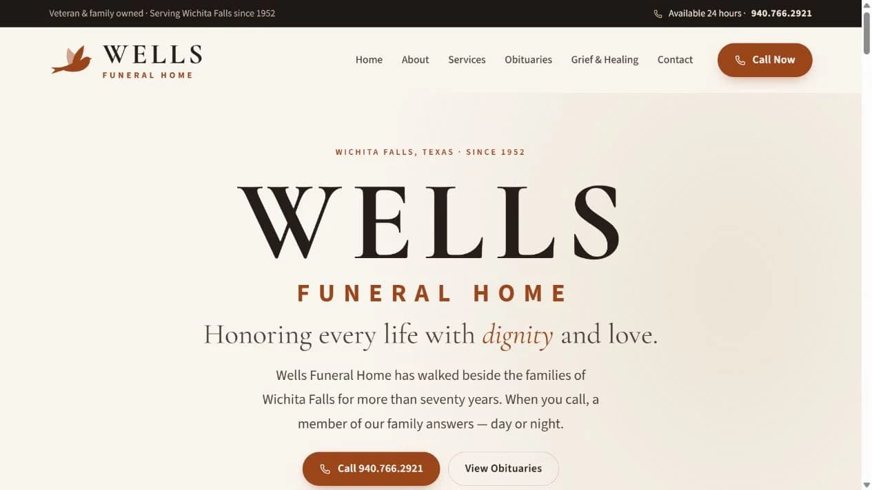 Wells Funeral Home homepage design